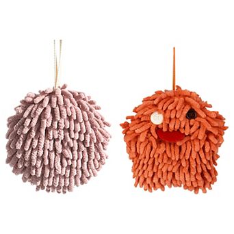 2 pc Absorbent Ball Hand Towel Set, Decorative Fuzzy Towels with Wall Hook for Bathroom 7"x7"&6"x6"