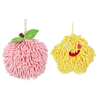 2 pc Absorbent Ball Hand Towel Set, Decorative Fuzzy Towels with Wall Hook for Bathroom 7"x7"&6"x6"