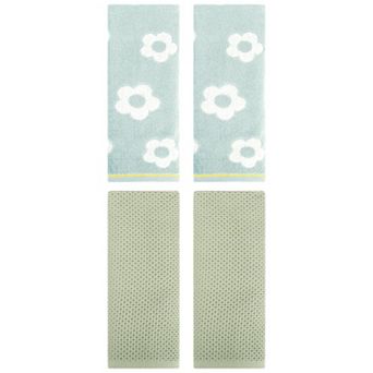 4 pc Cotton Hand Towel Set, Solid Waffle and Cute Floral Hand Towels for Bathroom 13"x30"&14"x30"