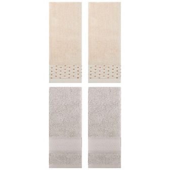 4 pc Embroidery and Solid Striped Pattern Hand Towels Set, Cotton Hand Towels for Bathroom 14"x30"