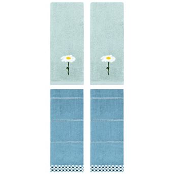 4 pc Floral and Striped Checked Hand Towels, Absorbent Decorative Towel for Bathroom 13"x30"&14"x30"