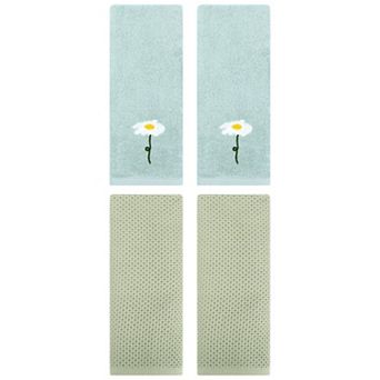 4 pc Cotton Hand Towels Flower Embroidered Solid Soft Absorbent Towel Set for Bathroom 13"x30"