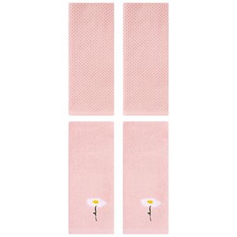 4 pc Cotton Hand Towels Flower Embroidered Solid Soft Absorbent Towel Set for Bathroom 13"x30"