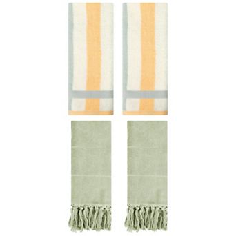 4 pc Decorative Turkish Hand Towels Set, Cotton Absorbent Striped Bath Towels 13"x29"&14"x30"