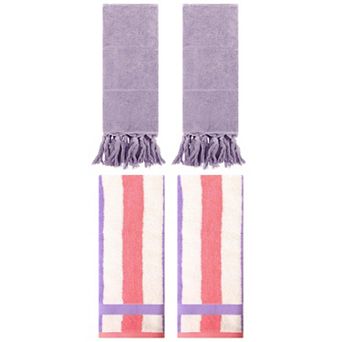 4 pc Decorative Turkish Hand Towels Set, Cotton Absorbent Striped Bath Towels 13"x29"&14"x30"