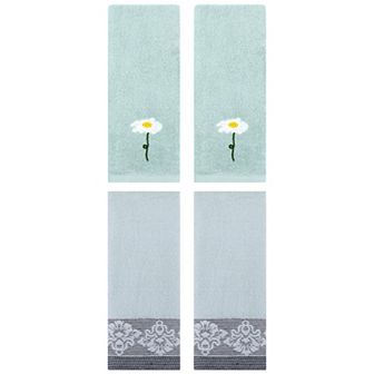 4 pc Floral Pattern Hand Towels, Flower Embroidered Soft Absorbent Towel Set 13"x30"&13"x29"