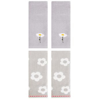 4 pc Floral Pattern Cotton Hand Towels, Flower Embroidered Soft Decorative Towel Set 13"x30"&14"x30"