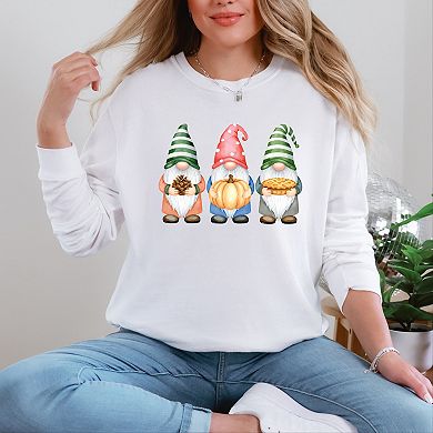 Fall Three Gnomes - Women's Garment Dyed Long Sleeve Graphic T-Shirt