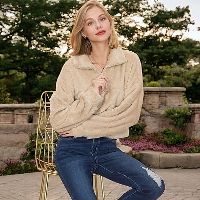 Women's High Pile Fleece Pullover with Half Zip Front and Long Sleeves