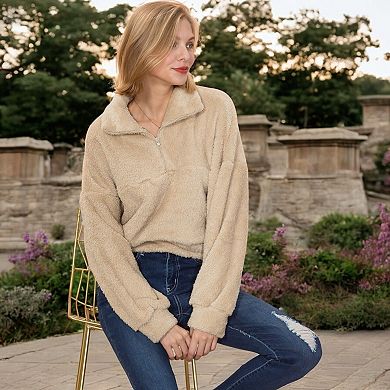 Women's High Pile Fleece Pullover with Half Zip Front and Long Sleeves
