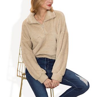 Women's High Pile Fleece Pullover with Half Zip Front and Long Sleeves