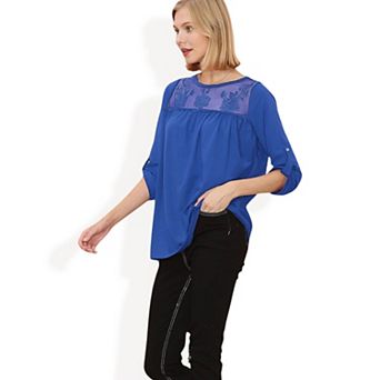 Women's 3/4 Sleeve Loose Fit Top with Sheer Floral Lace Yoke and Button Tab Sleeves
