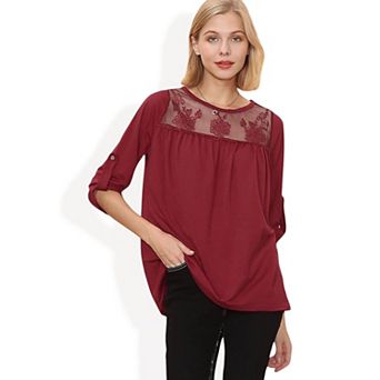 Women's 3/4 Sleeve Loose Fit Top with Sheer Floral Lace Yoke and Button Tab Sleeves