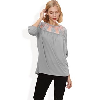 Women's 3/4 Sleeve Loose Fit Top with Sheer Floral Lace Yoke and Button Tab Sleeves