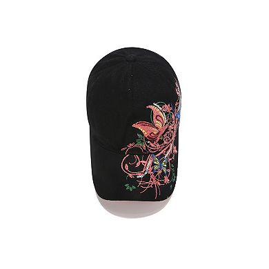 Women's Embroidered Butterfly Baseball Cap with Floral Sequin Accents and Curved Brim