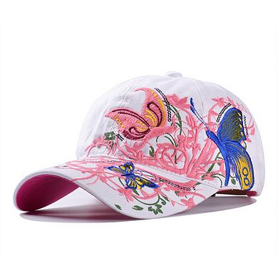 Women's Embroidered Butterfly Baseball Cap with Floral Sequin Accents and Curved Brim