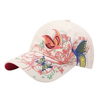 Women's Embroidered Butterfly Baseball Cap with Floral Sequin Accents and Curved Brim