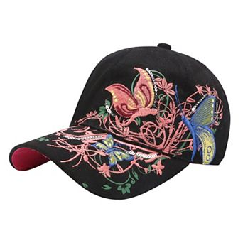 Women's Embroidered Butterfly Baseball Cap with Floral Sequin Accents and Curved Brim