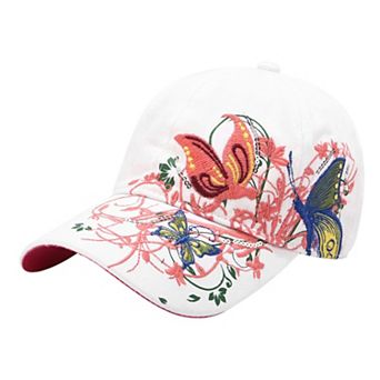 Women's Embroidered Butterfly Baseball Cap with Floral Sequin Accents and Curved Brim
