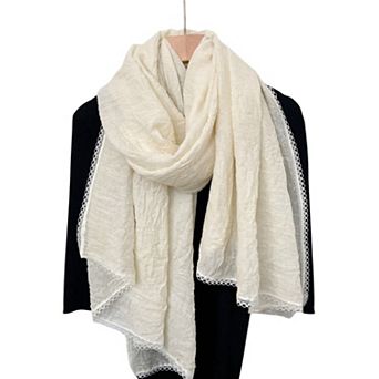 Women's Lightweight Crinkled Wrap Scarf with Delicate Lace Trim Edges