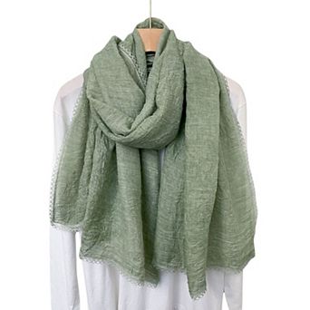 Women's Lightweight Crinkled Wrap Scarf with Delicate Lace Trim Edges