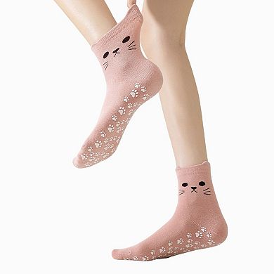 Women's Cat Face Grip Socks with Paw Print Anti-Slip Sole Soft Knit Ankle Socks for Home or Yoga