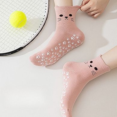Women's Cat Face Grip Socks with Paw Print Anti-Slip Sole Soft Knit Ankle Socks for Home or Yoga