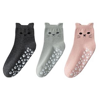 Women's Cat Face Grip Socks with Paw Print Anti-Slip Sole Soft Knit Ankle Socks for Home or Yoga