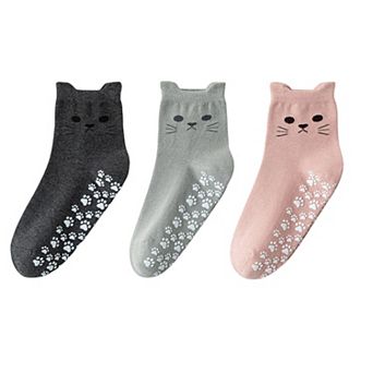 Women's Cat Face Grip Socks with Paw Print Anti-Slip Sole Soft Knit Ankle Socks for Home or Yoga