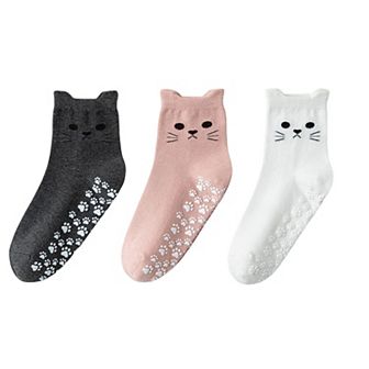 Women's Cat Face Grip Socks with Paw Print Anti-Slip Sole Soft Knit Ankle Socks for Home or Yoga