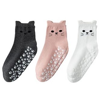 Women's Cat Face Grip Socks with Paw Print Anti-Slip Sole Soft Knit Ankle Socks for Home or Yoga