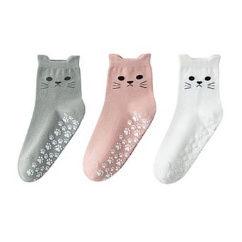 Women's Cat Face Grip Socks with Paw Print Anti-Slip Sole Soft Knit Ankle Socks for Home or Yoga