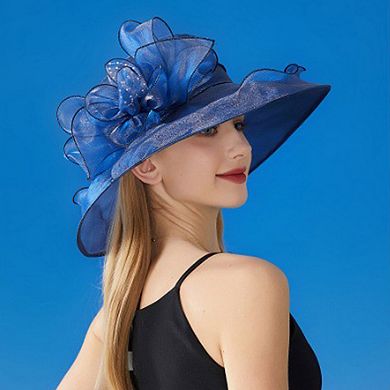 Women's Wide Brim Organza Dress Hat with Sheer Ribbon Floral Design for Sun Protection
