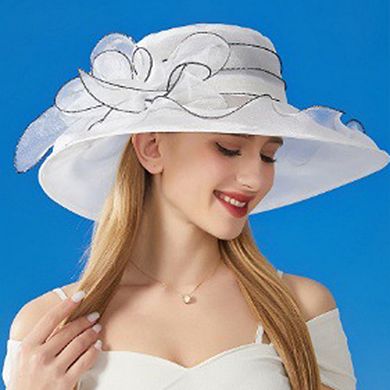 Women's Wide Brim Organza Dress Hat with Sheer Ribbon Floral Design for Sun Protection