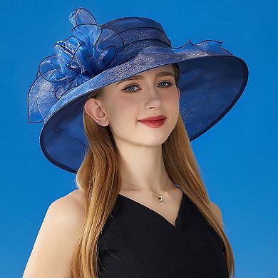 Women's Wide Brim Organza Dress Hat with Sheer Ribbon Floral Design for Sun Protection