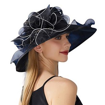 Women's Wide Brim Organza Dress Hat with Sheer Ribbon Floral Design for Sun Protection