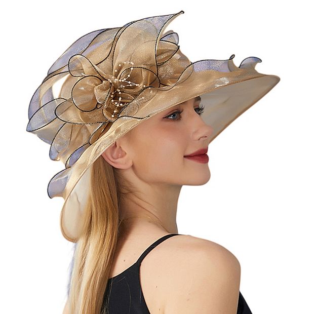 Anna-Kaci Women's Wide Brim Organza Dress Hat with Sheer Ribbon Floral Design for Formal Events and Sun Protection, One Size Fits Most / khaki