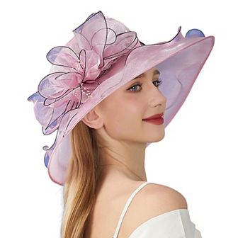 Women's Wide Brim Organza Dress Hat with Sheer Ribbon Floral Design for Sun Protection