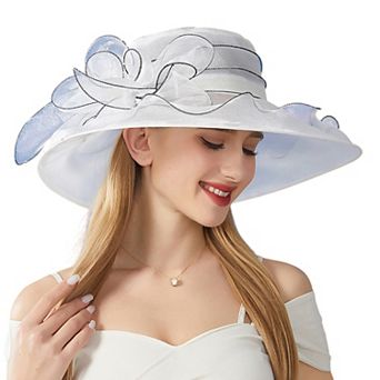 Women's Wide Brim Organza Dress Hat with Sheer Ribbon Floral Design for Sun Protection