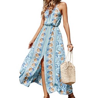 Women's Floral Print Maxi Dress with Sleeveless Bodice and Front Slit Detail