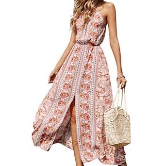 Women's Floral Print Maxi Dress with Sleeveless Bodice and Front Slit Detail