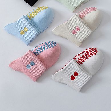 Women's Grip Ankle Socks 3-Pack with Heart Embroidery and Anti-Slip Soles for Yoga and Indoor Use