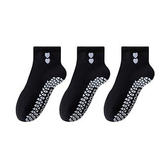 Women's Grip Ankle Socks 3-Pack with Heart Embroidery and Anti-Slip Soles for Yoga and Indoor Use