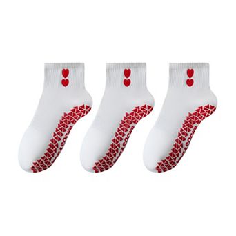 Women's Grip Ankle Socks 3-Pack with Heart Embroidery and Anti-Slip Soles for Yoga and Indoor Use