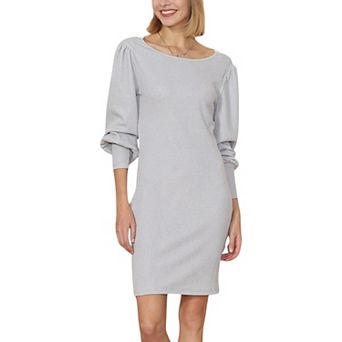 Women's Fitted Knit Mini Dress with Boat Neckline and Puff Long Sleeves