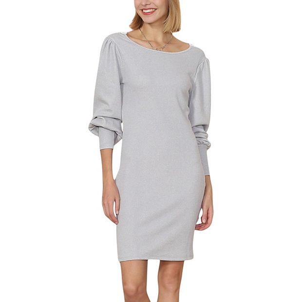 Anna-Kaci Women's Fitted Knit Mini Dress with Boat Neckline and Puff Long Sleeves - Large, Gray