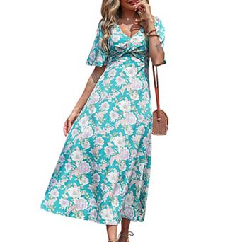 Women's Floral Print V-Neck Maxi Dress with Flutter Sleeves and Defined Waist Detail