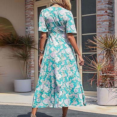Women's Floral Print V-Neck Maxi Dress with Flutter Sleeves and Defined Waist Detail