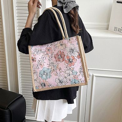 Women's Floral Linen-Polyester Tote Bag-Lightweight Floral Print Shopping Bag