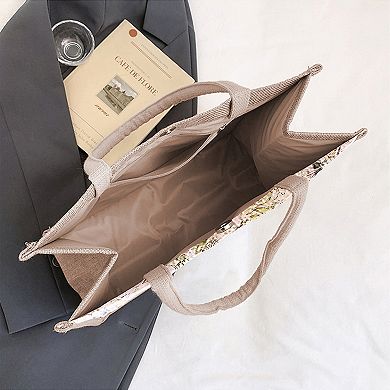 Women's Floral Linen-Polyester Tote Bag-Lightweight Floral Print Shopping Bag